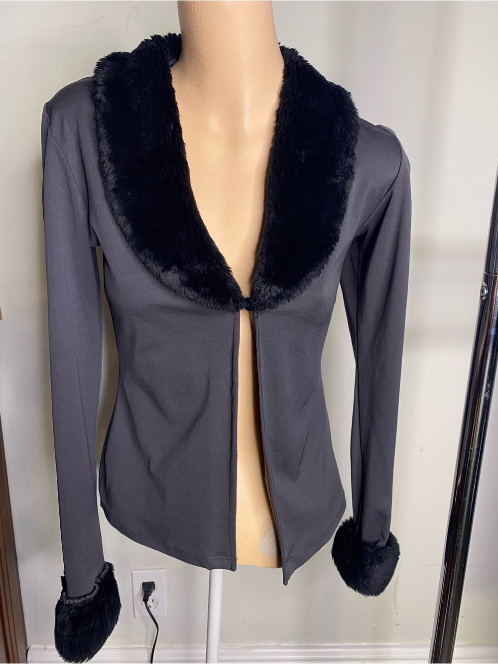 Made in Spain Black Faux Fur Trim Women's blouse